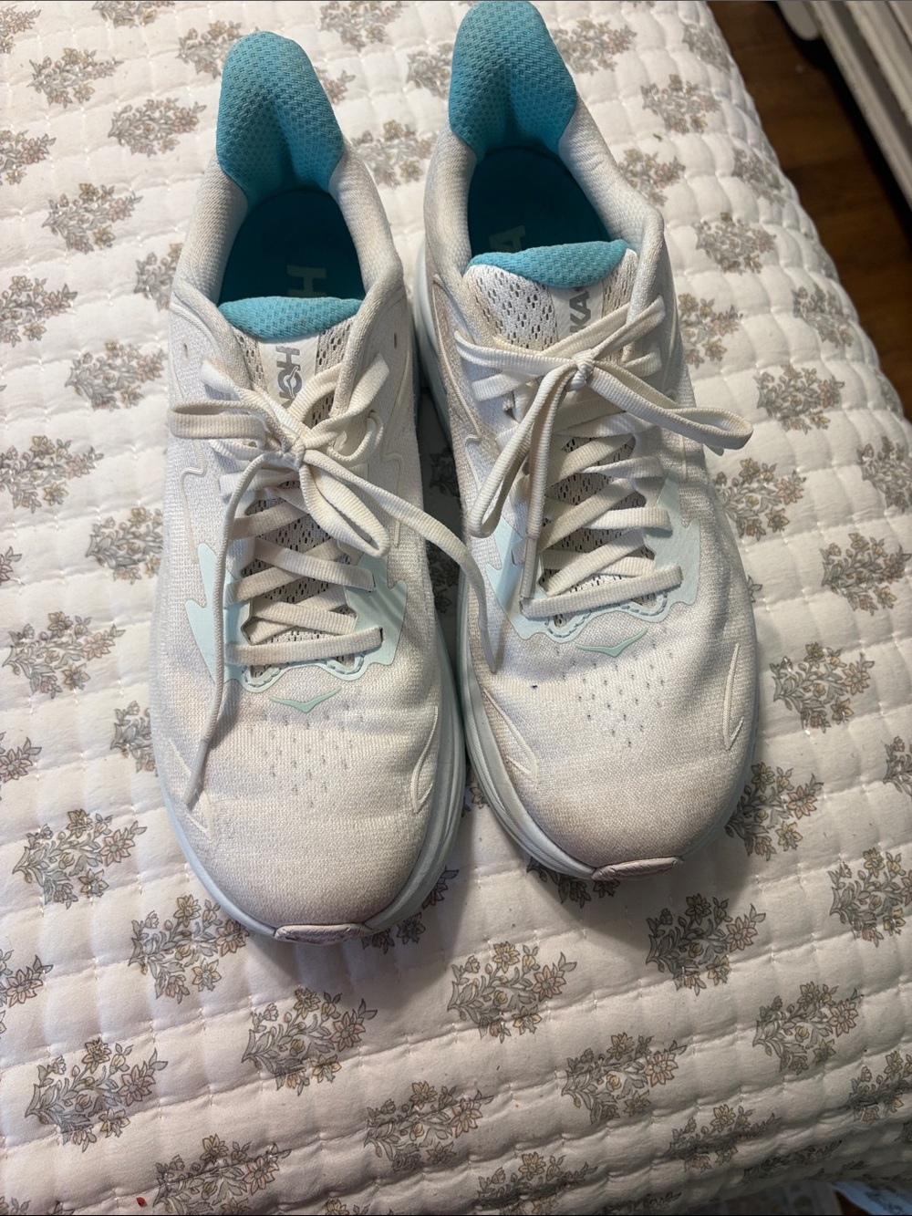 Hoka White Running Sneakers with Teal Accents